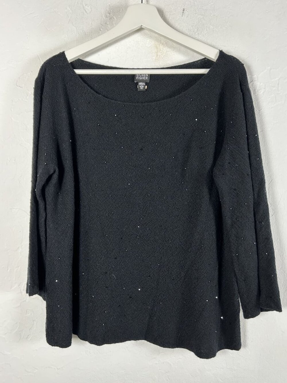 Eileen Fisher Black Beaded Merino Wool Sweater XL Embellished Boat Neck Knit